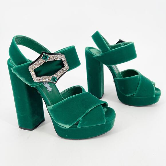 Prada Green Velvet Crystal Strappy Chunky Block Heel Platform Sandal size IT 36 - Picture 1 of 11